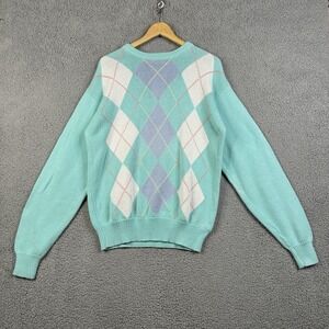 Christopher Hayes Sweater Mens Size Medium Turqouise Cable Knit Argyle Vintage